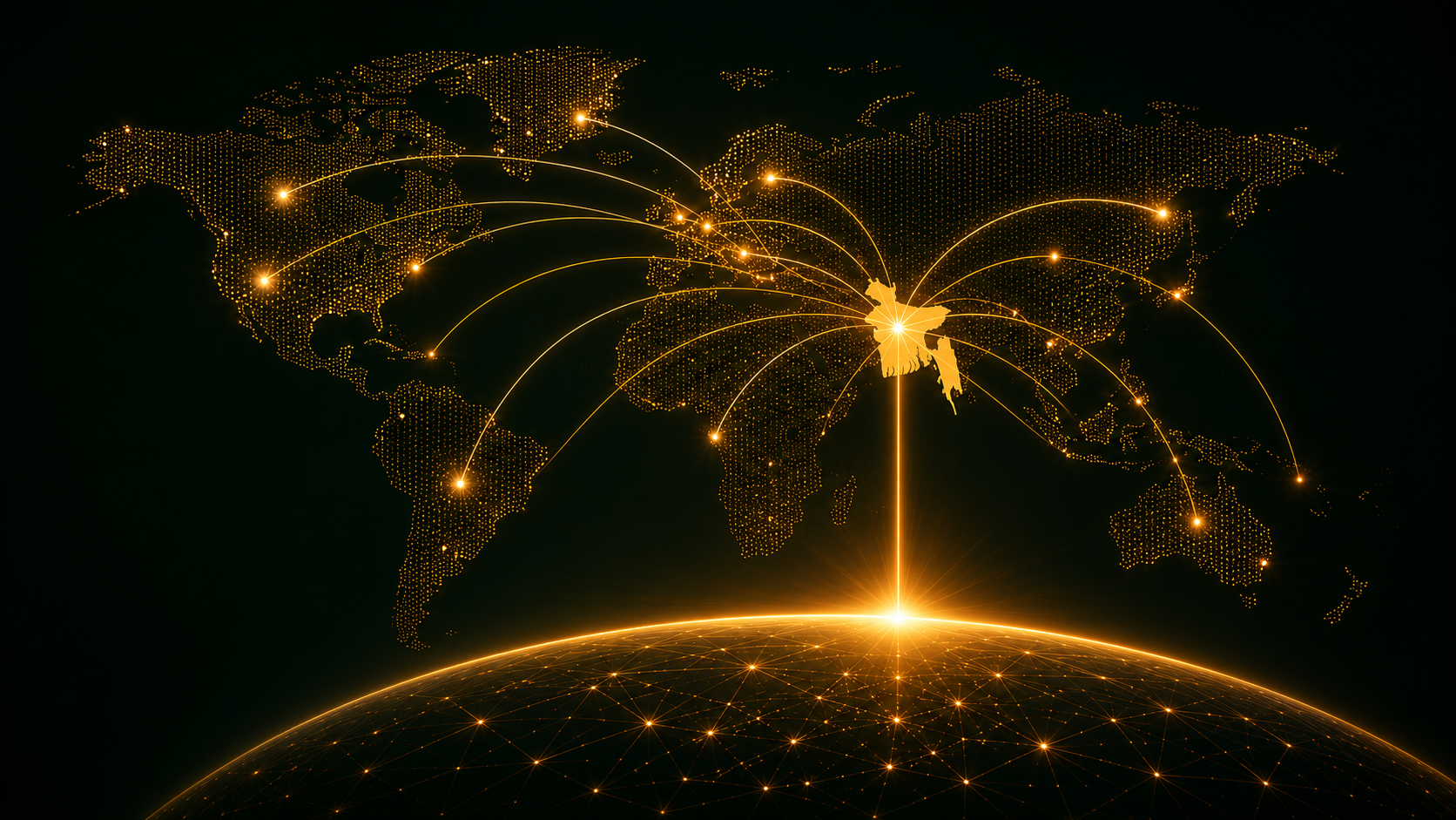 The NRB Capital Flow global Non-Resident Bangladeshi network — gold connection beams from Bangladesh to hubs across the world